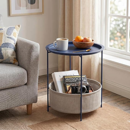 VECELO Round Side/End Table with Fabric Storage Basket，Metal Anti-Rust and Waterproof Small Bedside Nightstand with Removable Tray Top for Living Room，Balcony & Laundry，Blue /2pcs with Basket