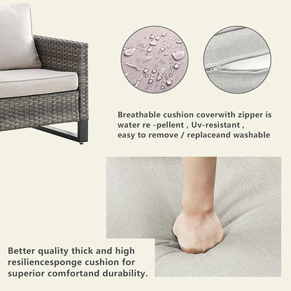 Rilyson Wicker Outdoor Patio Furniture Set - 5 Piece Patio Conversation Set with 2 Wicker Armrest Chairs,2 Rattan Ottoman and 1 Couch for Outside Porch Deck Backyard Garden(Mixed Grey/Beige)