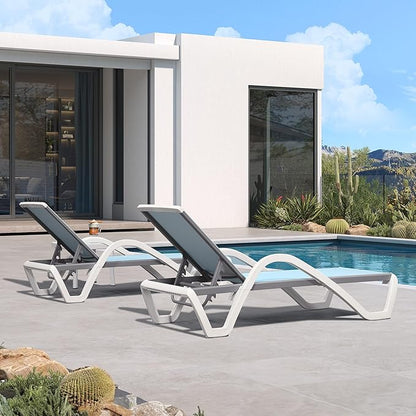 PURPLE LEAF Patio Chaise Lounge Chair Set of 3 Outside Aluminum Plastic Stackable Tanning Chairs with Armrests and Side Table for Pool Sunbathing Beach Deck Outdoor Lounger, Light Blue