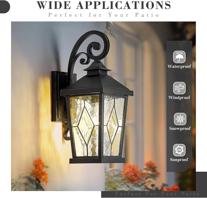 Emliviar Outdoor Porch Light 16 Inch, Farmhouse Wall Mount Fixture with Water Glass Shade, Matte Black Carriage Light for House, Yard, Garden, Patio, WE301B-SD BK