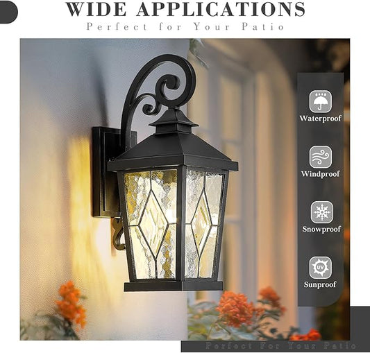 Emliviar Outdoor Porch Light 16 Inch, Farmhouse Wall Mount Fixture with Water Glass Shade, Matte Black Carriage Light for House, Yard, Garden, Patio, WE301B-SD BK