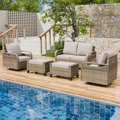 Modern Wicker Patio Furniture Set, Rattan Outdoor Conversation Set with Comfortable Cushions, 2 Swivel Rocking Chairs, 2 Seat Loveseat and 2 Ottomans, 5 Pieces, Brown/Gray