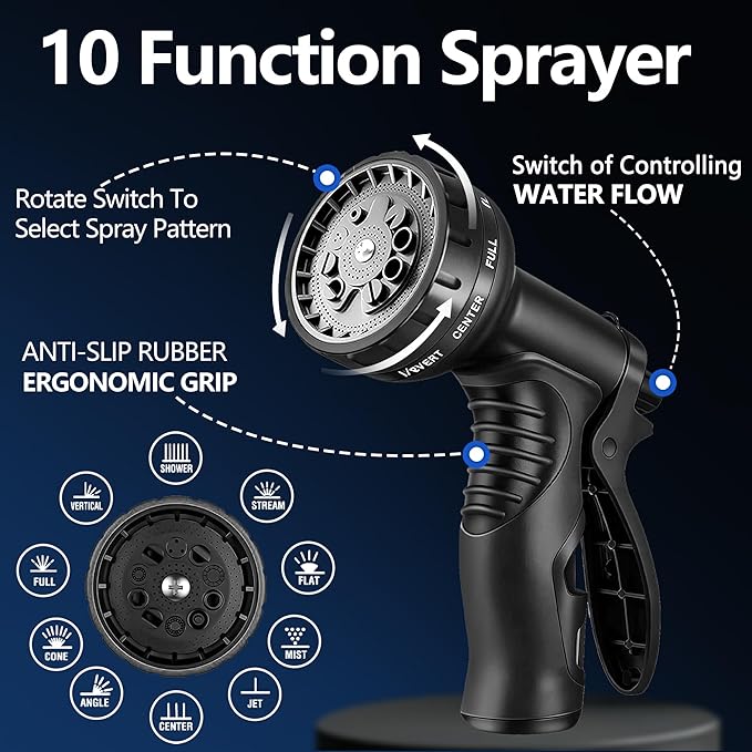 Flexible Garden Hose 50 FT, Ultra Lightweight Water Hoses 50FT w/10 Function Sprayer and 3/4" Brass Fittings, Kink-Free, Sturdy, Abrasion Resistant for Yard, Lawn, Outdoor and Gardening(Black)