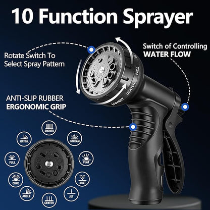 Flexible Garden Hose 50 FT, Ultra Lightweight Water Hoses 50FT w/10 Function Sprayer and 3/4" Brass Fittings, Kink-Free, Sturdy, Abrasion Resistant for Yard, Lawn, Outdoor and Gardening(Black)