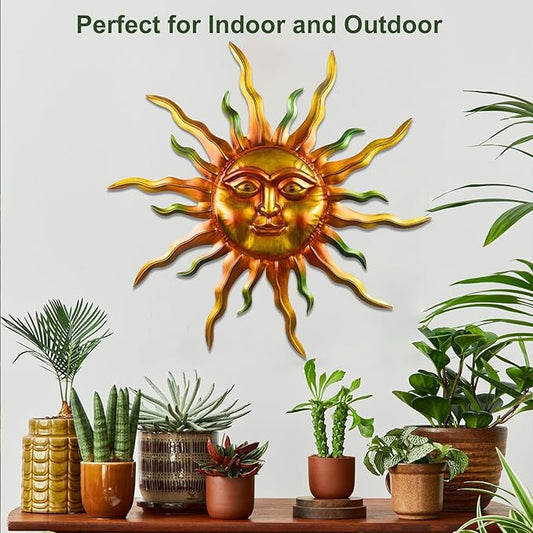 30" Outdoor Metal Wall Art, Large Metal Wall Decor Sun Face Art Decoration, Outdoor Metal Art Wall Sculptures for Garden Hanging for Yard Patio Garden(Green)
