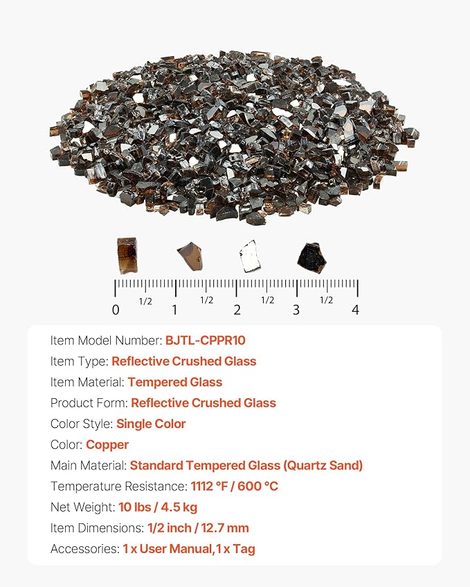 VEVOR Fire Glass, 10 LBS / 4.5 KG High-Temperature Resistant Fireplace Rocks, 1/2-Inch / 12.7 mm Reflective & Smokeless Firepit Glass Rock, High Luster Stone Landscaping for Fire Pit Table, Copper