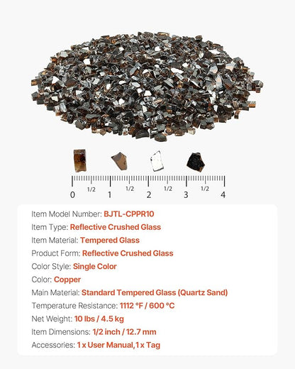VEVOR Fire Glass, 10 LBS / 4.5 KG High-Temperature Resistant Fireplace Rocks, 1/2-Inch / 12.7 mm Reflective & Smokeless Firepit Glass Rock, High Luster Stone Landscaping for Fire Pit Table, Copper