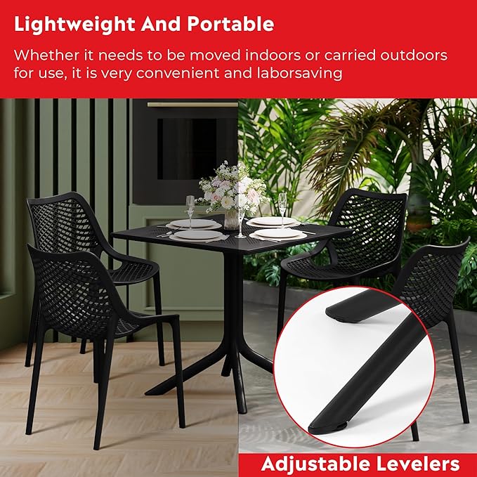 Costaelm Breakfast Table Set for 4, HDPE Patio Square Dining Table and Stackable Chairs, Outdoor Small Patio Furniture Set All Weather for Backyard Porch Poolside, Black