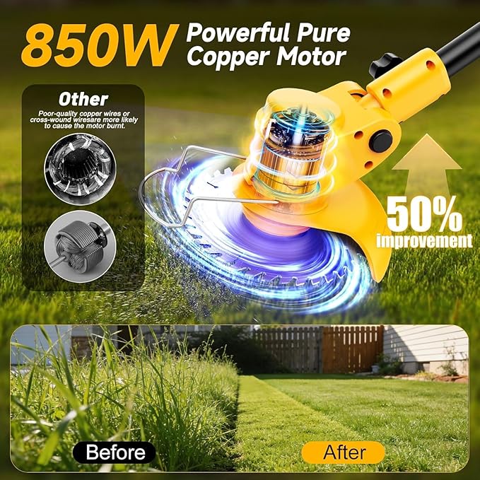 Electric Weed Wacker Cordless with Wheels,Electric Weed Eater Battery Powered 4000mAh,4 in 1 Grass Trimmer/Brush Cutter/Grass Edger/Small Lawn Mower,No String Trimmer with Blade, 2 Battery (Yellow)