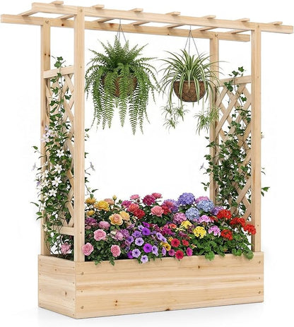 S AFSTAR Raised Garden Bed with Trellis, 2-in-1 Fir Wood Planter Box with Flat Roof & Drainage Holes, Vertical Planter Raised Bed for Climbing Plants, Flowers & Vegetables, 43" x 14" x 45" (Natural)