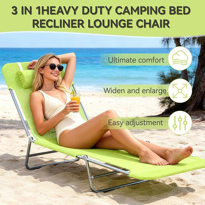 Outdoor Chaise Lounge with Detachable Pillow, Reclining Folding Chair with 5-Position Adjustable Back, Portable Tanning Chair for Beach, Pool, Lawn, Breathable Mesh Seat, No Assembly