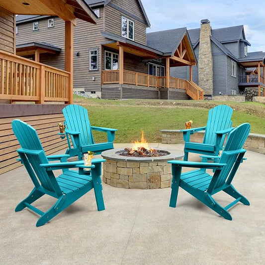 FUNBERRY Folding Adirondack Chair Set of 4, All Weather HDPE Fire Pit Chairs with Cup Holder for Outdoor