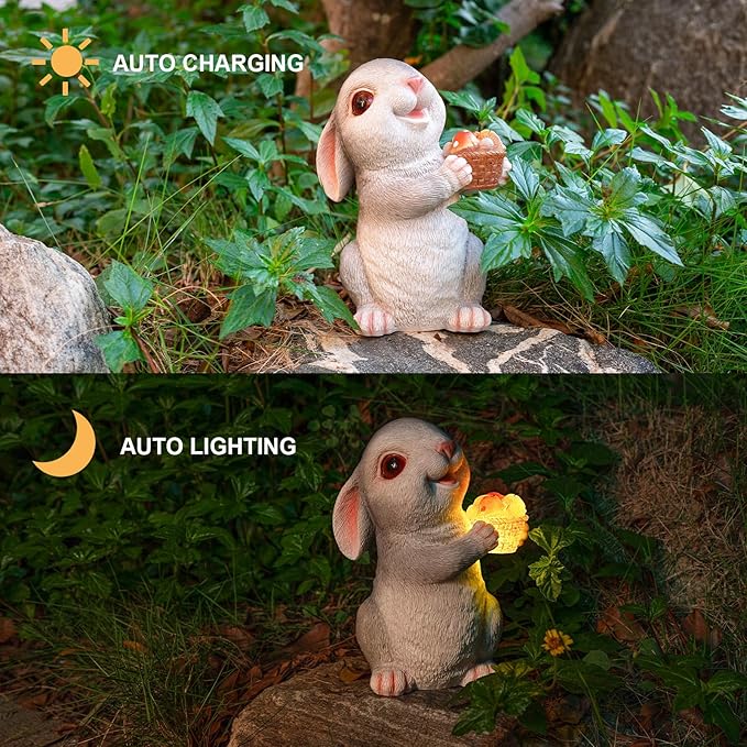 Solar Rabbit Garden Statues Outdoor Bunny Decor Resin Bunny Figurine Holding Mushroom with LED Lights for Porch Patio Lawn Yard Christmas Birthday Housewarming Gardening Gifts for Mom Grandma