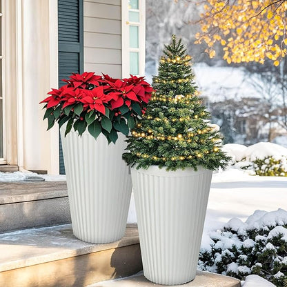 20" Resin Planters Large Matt Flower Pots Outdoor Set of 2 Indoor Pots for Plants with Handmade Fluted Texture Heavy-Duty Garden Pot with Drainage Hole for Patio, Porch or Living Room, White