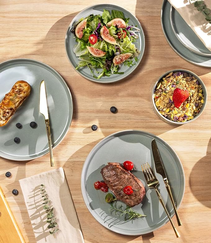 TheTerra Ceramic Dinnerware Set for 4, 12-Piece Plates and Bowls Set | Lightweight Porcelain Dish Set, Scratch Resistant, Oven & Microwave & Dishwasher Safe, Desert Sage