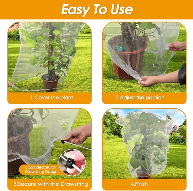 4 Pack Insect Bird Barrier Mesh - Blueberry Bush Netting Cover Insect Bird Netting Tomato Protective Cover with Drawstring Garden Mesh Netting for Vegetables, Fruits, Trees, 3.3Ft x 4.92Ft