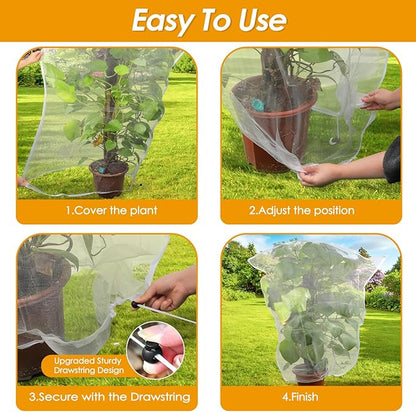 4 Pack Insect Bird Barrier Mesh - Blueberry Bush Netting Cover Insect Bird Netting Tomato Protective Cover with Drawstring Garden Mesh Netting for Vegetables, Fruits, Trees, 3.3Ft x 4.92Ft