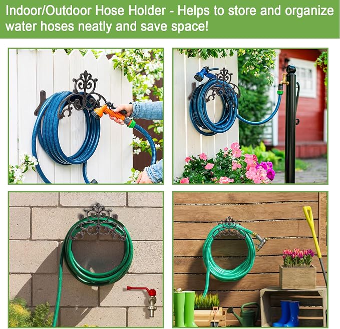 OwnMy Cast Iron Garden Hose Holder Heavy Duty Wall Mount Water Hose Reels Holder, Decorative Water Hose Hanger Garden Hose Storage Organizer Rack for Outdoor Lawn Yard, 11.5"L x 6.3"W x 7.5"H