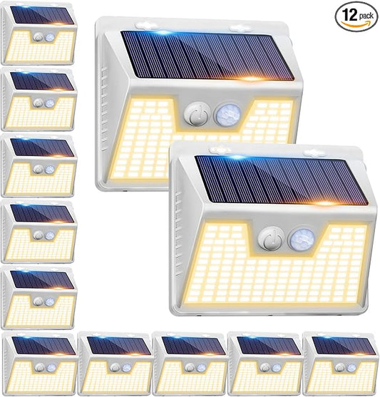 Peasur Solar Lights Outdoor Motion Sensor, 12Pack 140LED Waterproof Solar Powered Fence Lights, 3 Modes Solar Security Wall Lights for Garden Yard Outside(Warm White)