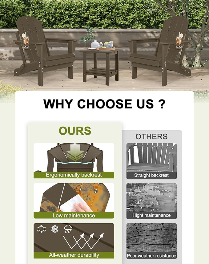 Folding Adirondack Chairs - Plastic Adirondack Chairs with Cup Holder, Weather Resistant for Outdoor, Patio, Lawn, Garden, Backyard Deck, Fire Pit - Dark Brown