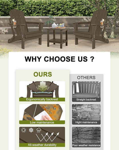 Folding Adirondack Chairs - Plastic Adirondack Chairs with Cup Holder, Weather Resistant for Outdoor, Patio, Lawn, Garden, Backyard Deck, Fire Pit - Dark Brown