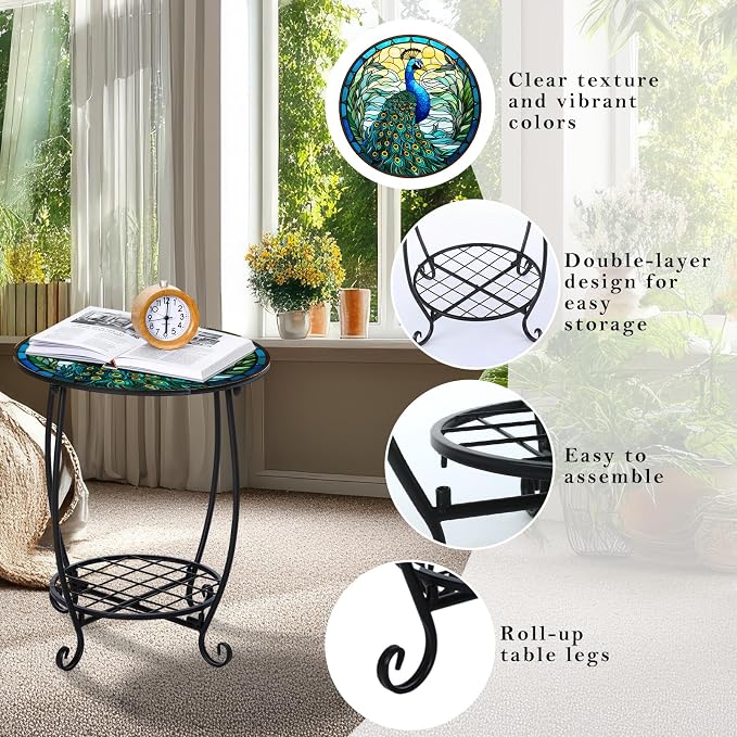 Cinnvoice Outdoor Side Table Round Small Mosaic Patio Accent Indoor End Plant Coffee Tea Table for Yard Patio Porch Garden Living Room, Bedroom(Peacock Style,12 Inch)
