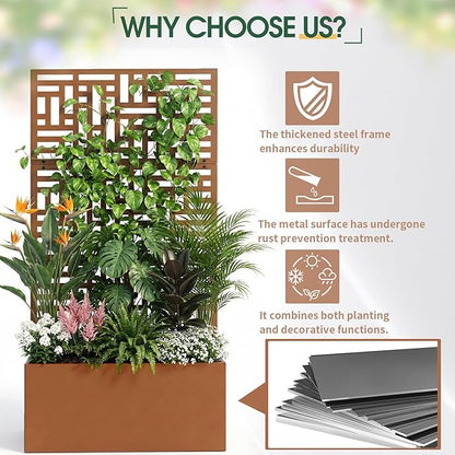Outvita Metal Planter Box with Trellis, 71’’ x 36’’ x 16’’ Raised Garden Bed with Drainage Holes for Climbing Plants, Vegetables, Vines, Privacy Planters for Patio (Brown)