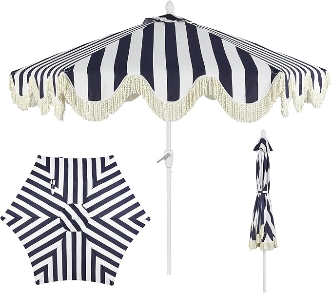 JONATHAN Y UMB1001 Collins 9 ft. Classic Cottage Tassel Market Patio Umbrella with Auto-Tilt, Crank, Wind Vent and UV Protection