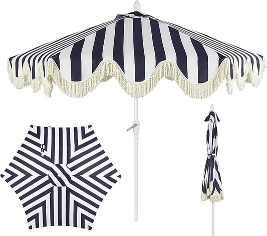 JONATHAN Y UMB1001 Collins 9 ft. Classic Cottage Tassel Market Patio Umbrella with Auto-Tilt, Crank, Wind Vent and UV Protection