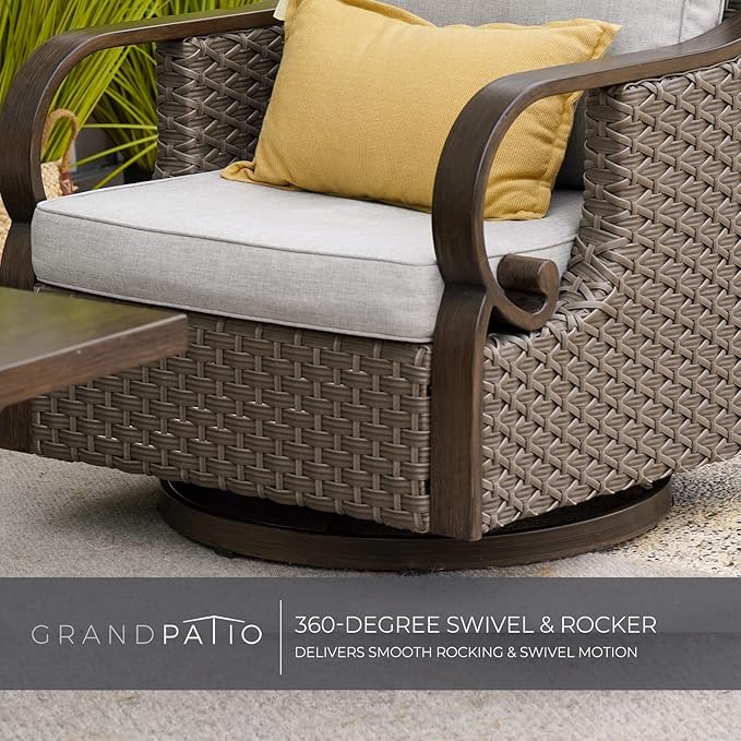 Grand Patio 4-Piece Outdoor Patio Furniture Set - Rocking Conversation Swivel Chairs, Coffee Table - Wicker Furniture with Woodgrain Finish Frame, Ponce Harbor Dark Brown
