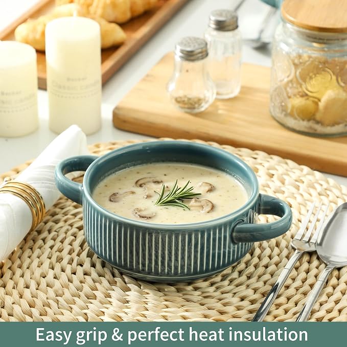 Soup Bowls with Handles, 23 oz French Onion Soup Crocks, Stackable Soup Bowl Oven Safe for Chili, Beef Stew, Embossment Ceramic Bowl Set - 5.4 Inch, Set of 4,Light blue