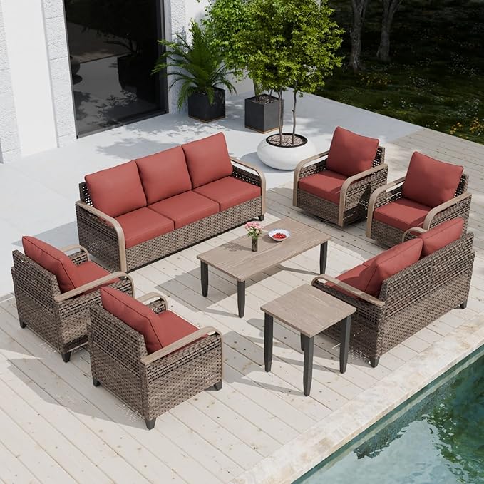 COOS BAY Modern Wicker Outdoor Furniture Set, Patio Conversation Set with Swivel Rockers, Patio Chairs, 3 Seat Couch, Loveseat, Coffee Table and Side Table, 8 Piece, Brown/Red