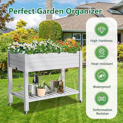 Vixzen Raised Garden Bed Outdoor,Reinforced Large Planter Box with Wheels & Storage Shelf,Mobile Planter Bed Box for Backyard, Patio, Balcony (Ashen, 21Gal（43.31"×17.72"×33.66"）)