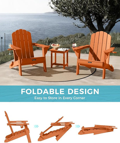 Adirondack Chairs Set of 4, Foldable Adirondack Chairs with 2 Cup Holder, Wood Texture HDPE Fire Pit Chairs, Outdoor Lawn Chair for Patio Garden, Orange