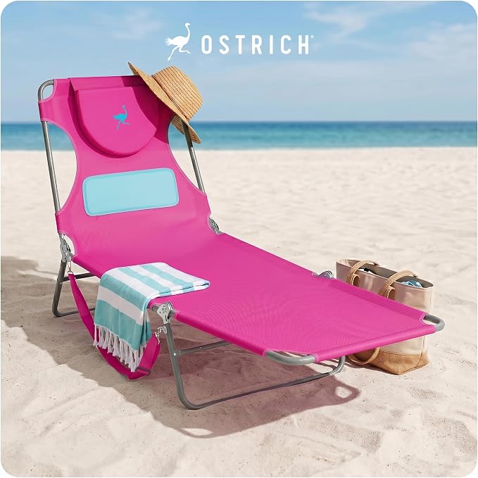 Ostrich the Ladies Comfort Lounger with Chest Support, Foldable and Portable Reclining Outdoor Patio Beach Lawn Camping Pool Tanning Chair, Pink