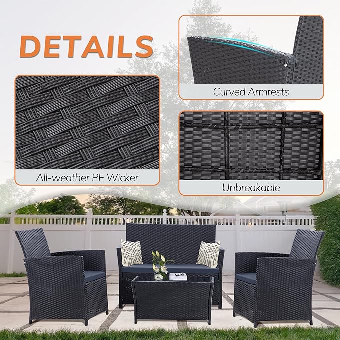 4 Piece Patio Furniture Set, Outdoor Wicker Conversation Set, Rattan Sectional Sofa Couch with Glass Coffee Table & Thick Cushion for Backyard, Porch, Garden, Poolside, Black/Blue