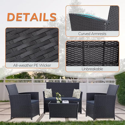 4 Piece Patio Furniture Set, Outdoor Wicker Conversation Set, Rattan Sectional Sofa Couch with Glass Coffee Table & Thick Cushion for Backyard, Porch, Garden, Poolside, Black/Blue