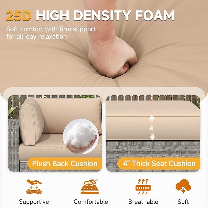 HOMREST Outdoor Sectional Cushions Set of 9, Waterproof Patio Furniture Cushions for 4-Seat Rattan Wicker Sofa, Deep Seat Couch Cushions with Non-Slip Bottom & Machine Washable Covers,Khaki