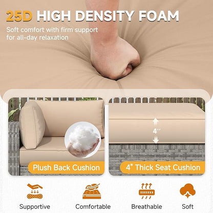 HOMREST Outdoor Sectional Cushions Set of 9, Waterproof Patio Furniture Cushions for 4-Seat Rattan Wicker Sofa, Deep Seat Couch Cushions with Non-Slip Bottom & Machine Washable Covers,Khaki