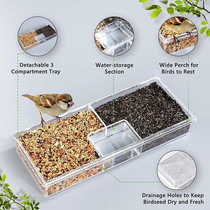 Gbekery Window Bird Feeder for Outdoors with Strong Suction Cups, Acrylic Clear Window Bird Feeders for Viewing with Large Capacity Detachable Seed & Water Tray