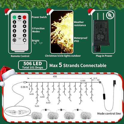 Icicle Christmas Lights Waterproof - Multi Color 65Ft 506 LED Icicle Lights for Outside Decorations with Remote, Plug-in Icicle String Lights Color Changing for Outdoor Indoor Holiday Wedding Decor
