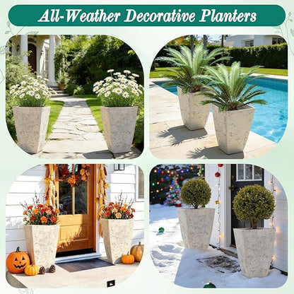 19" H Country White Square Planters for Outdoor Plants, Set of 2 Large Flower Pot with Drainage Hole, Weather-Resistant for Porch,Garden, Patio or Indoor Use