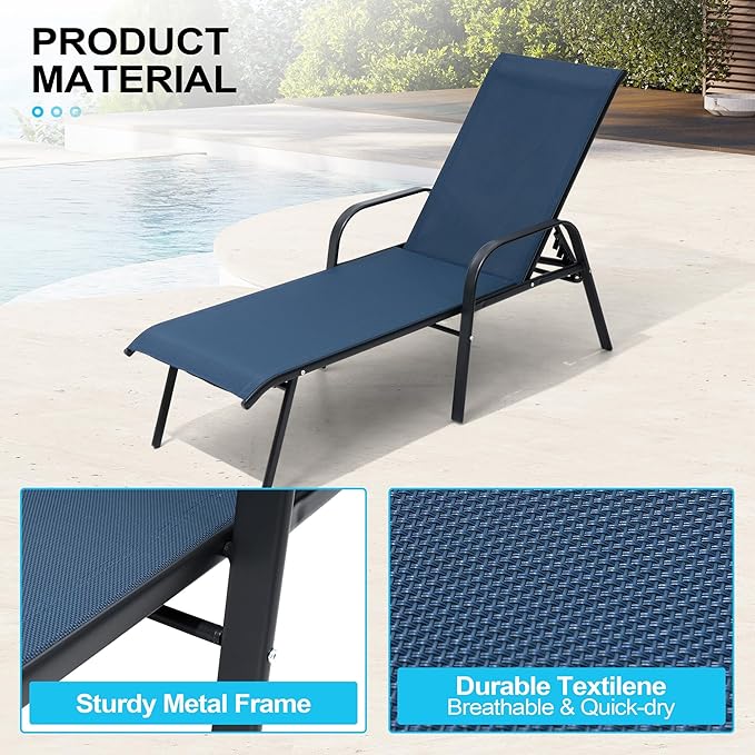 Crestlive Products Chaise Lounge Chair Outdoor with Armrests, Pool Lounge Chairs Set of 2,Adjustable 5 Positions Metal Sun Tanning Lounger for Patio, Poolside, Yard, Deck, Backyard (Navy)
