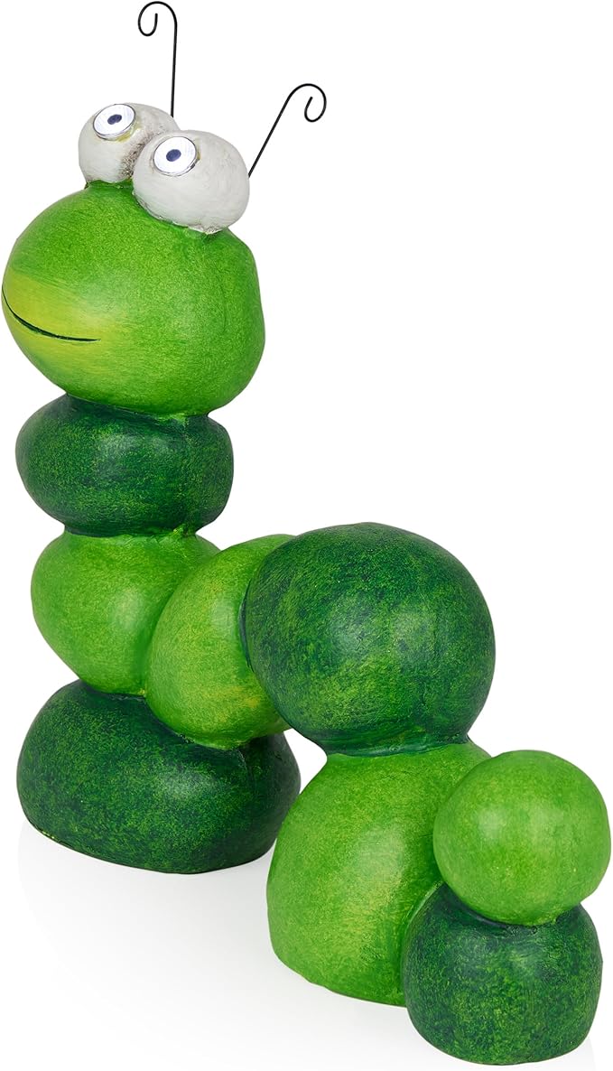 Alpine Corporation YEN608SLR 16" Tall Caterpillar with Light Up Eyes, Solar Powered LED Garden Statue, Green