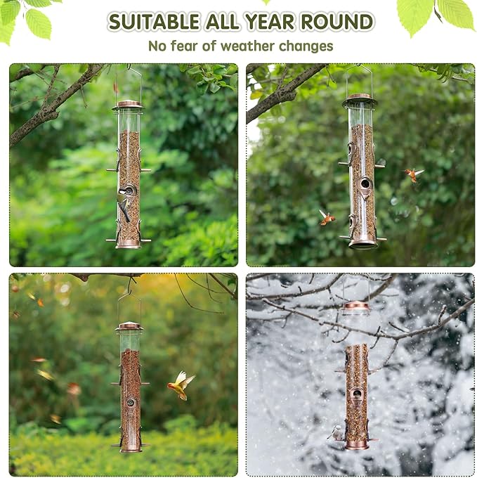 Metal Bird Feeder Tube Hanging Wild Bird Seed Feeder Aluminum Six Port Bird Feeders,1.4 mm Extra Thick Solid Tube Transparent with Steel Hanger Great for Attracting Birds (Antique Copper 2PK)