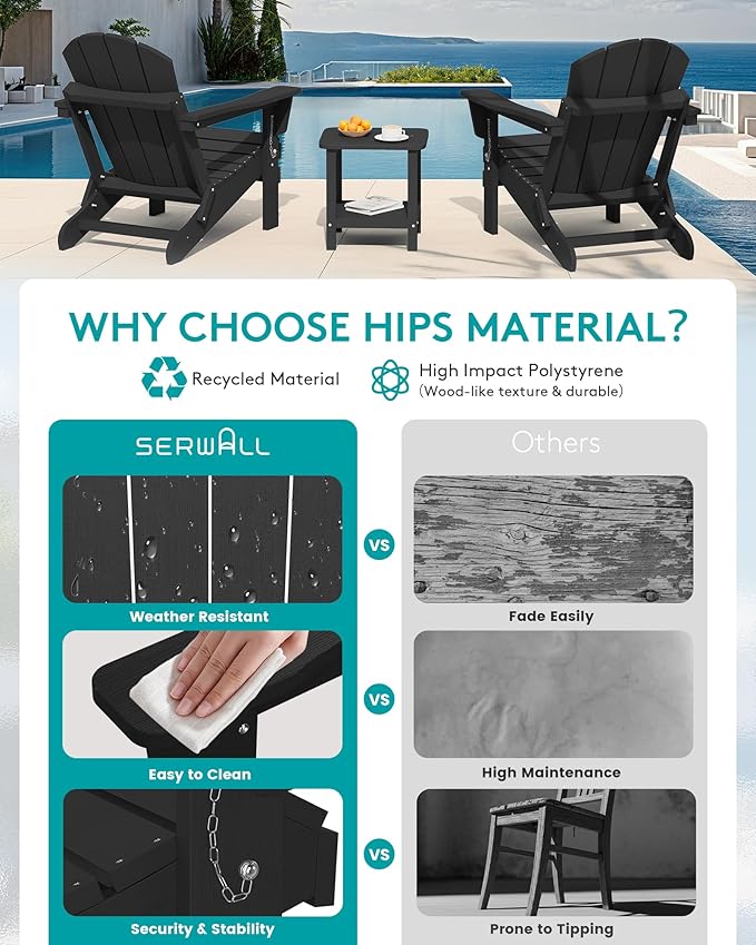 SERWALL Folding Adirondack Chairs Patio Chairs Lawn Chair Outdoor Weather Resistant for Patio Garden, Backyard Deck, Fire Pit - Black