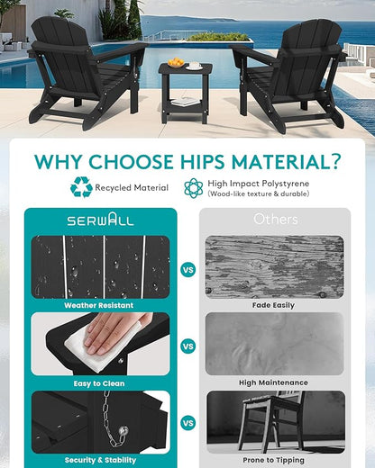 SERWALL Folding Adirondack Chairs Patio Chairs Lawn Chair Outdoor Weather Resistant for Patio Garden, Backyard Deck, Fire Pit - Black