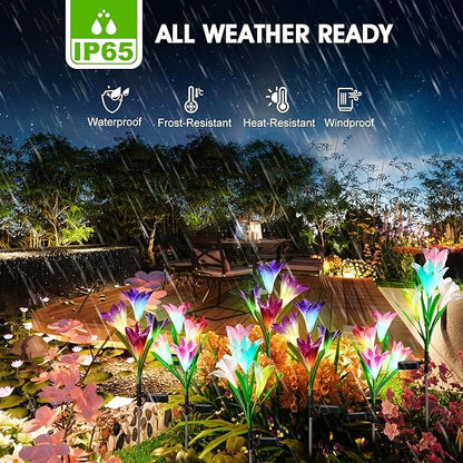 6 Pack Solar Garden Lights Outdoor, 7 Color Changing LED Waterproof Solar Powered Lily Flowers Landscape Lights for Outside Yard, Patio, Pathway Decorative, Décor