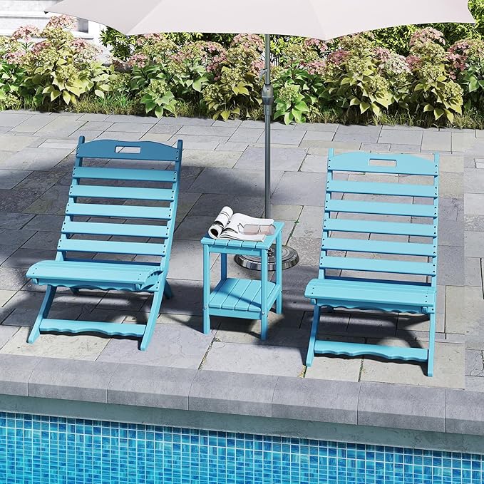 GREENVINES 3 Pieces Patio Furniture Set | Outdoor Bistro Sets for 2 | HDPE Plastic | Folding-Adirondack-Chairs-with-Side-Table | All Weather | Xavier Chair | for Porch Deck Poolside Backyard | Arctic