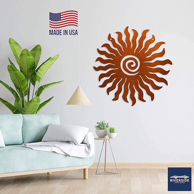 Riverside Designs Sunburst Metal Wall Art Steel Outdoor Decor - Heavy-Duty and Waterproof - Made in USA (12", Copper)